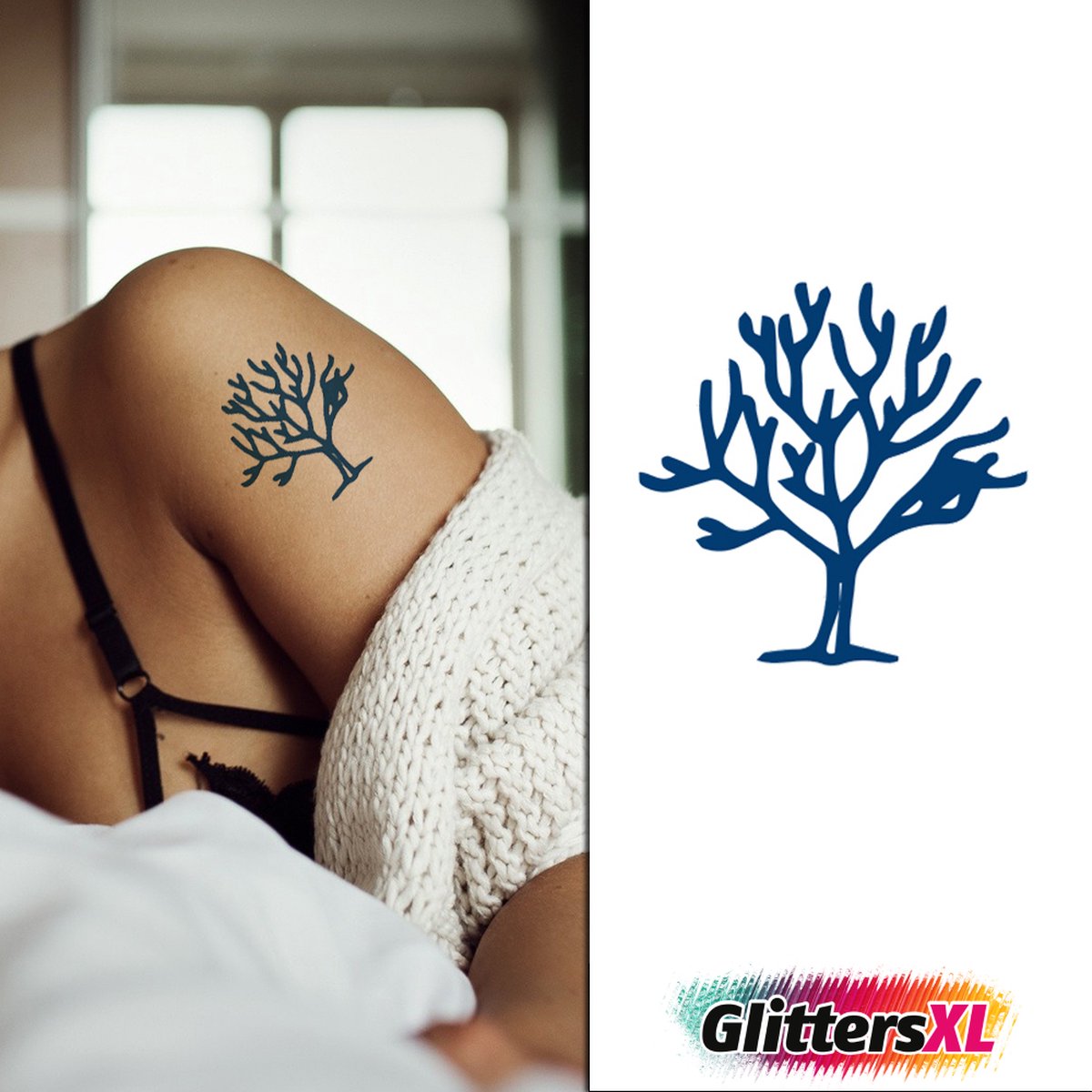 GlittersXL - Temporary Tattoo Boom (6x6 cm) [Semi-Permanente Neptattoo - Tijdelijke tatoeage - Nep Fake Tattoos - Water overdraagbare festival sticker henna outfit tattoo - Glitter tattoo - Volwassenen Kinderen Jongen Meisje]